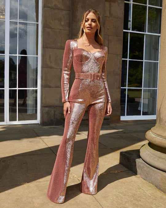 Women's Long-Sleeve Sequin Party Jumpsuit Light Pink