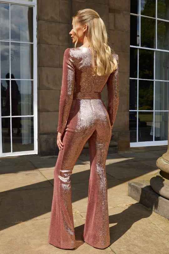 Women's Long-Sleeve Sequin Party Jumpsuit