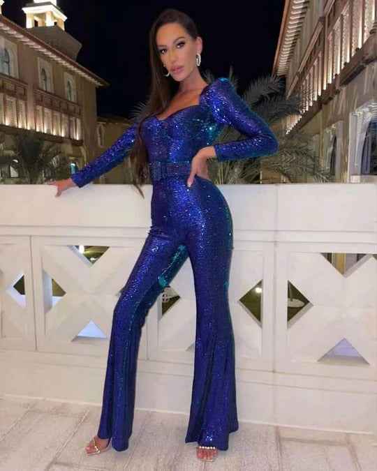 Women's Long-Sleeve Sequin Party Jumpsuit Blue