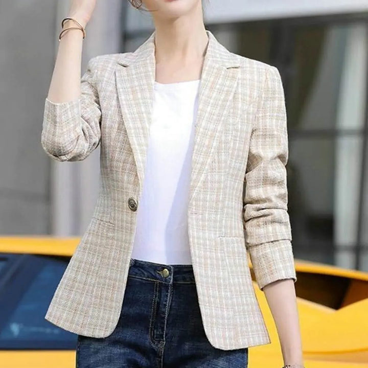 Women's Plaid Blazer with Notch Lapel for Stylish Outfits Beige