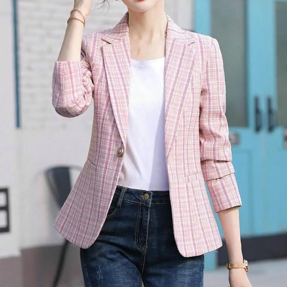 Women's Plaid Blazer with Notch Lapel for Stylish Outfits Pink