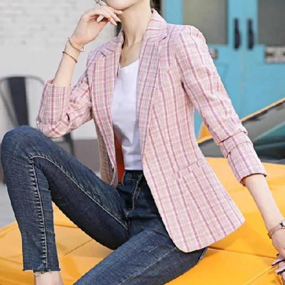 Women's Plaid Blazer with Notch Lapel for Stylish Outfits