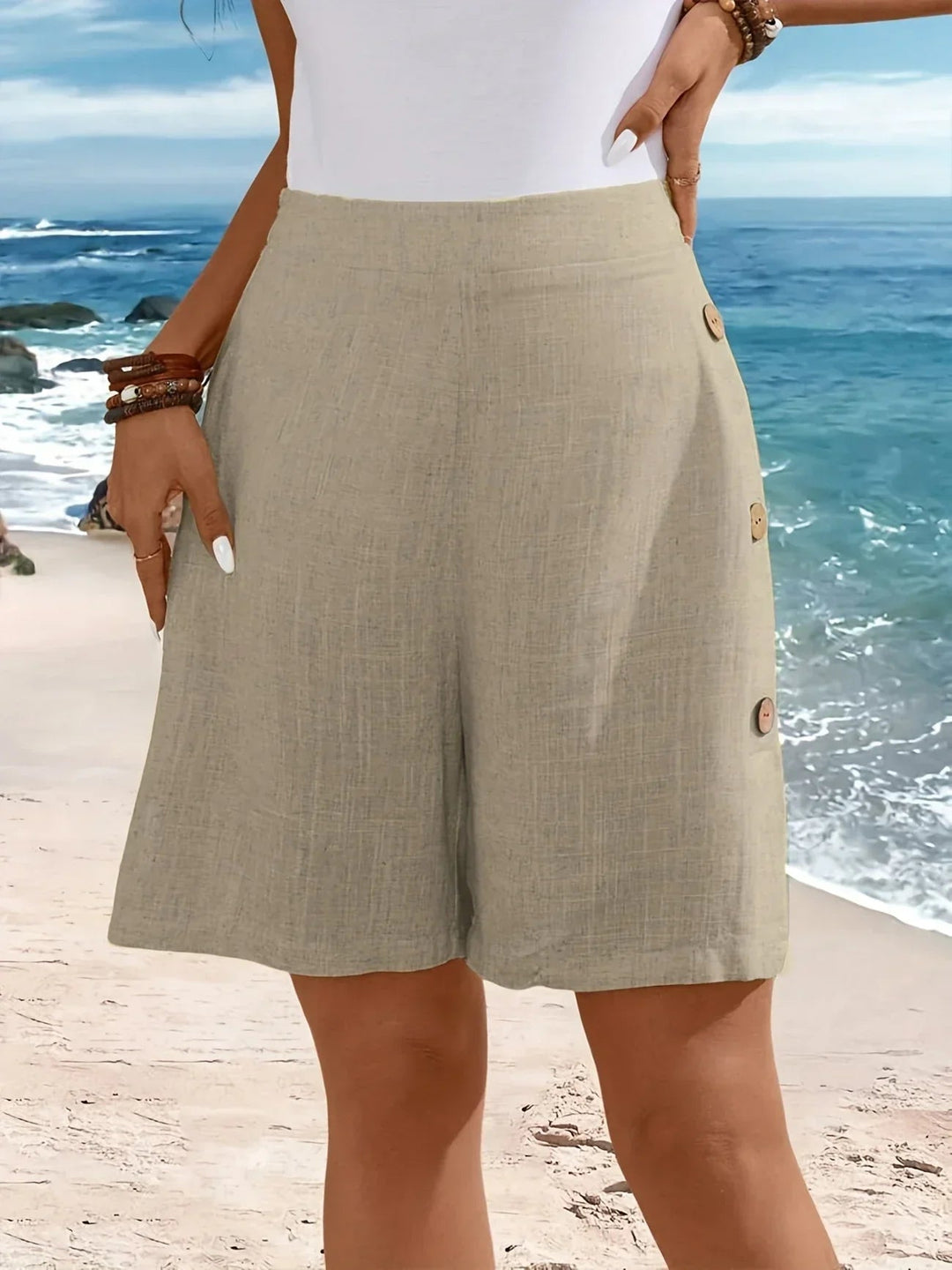 Women's High Waist Button Detail Shorts