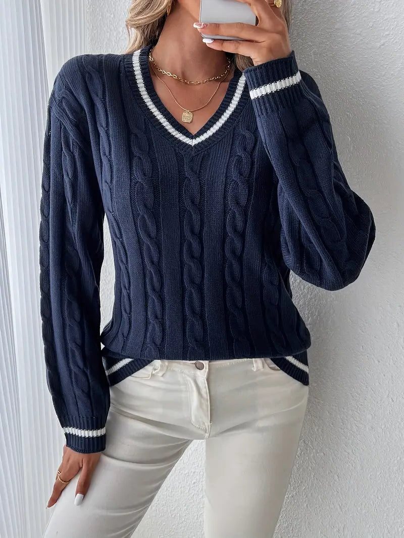 Women's Cable Knit V-Neck Sweater Navy Blue