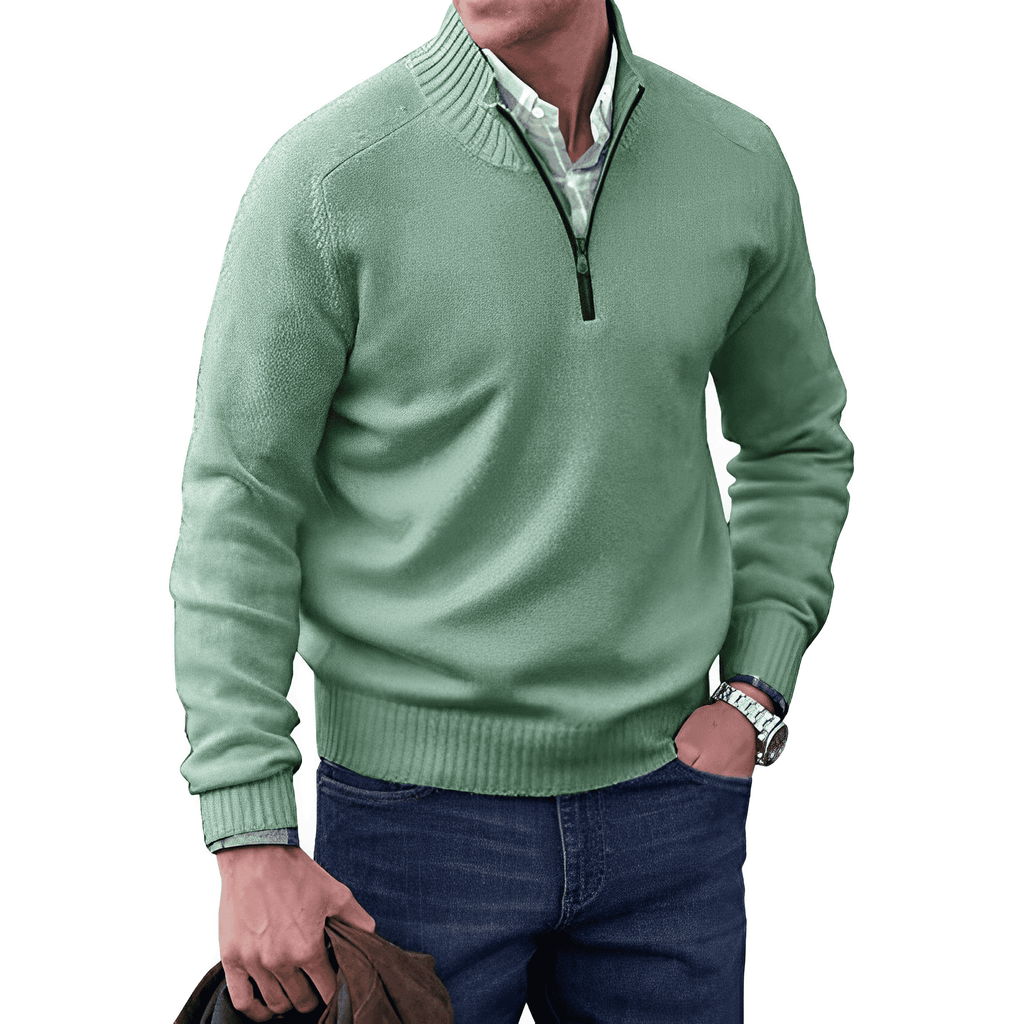 Men's Quarter-zip Relaxed Fit Ribbed Cuffs Ribbed Hem Sweater Green