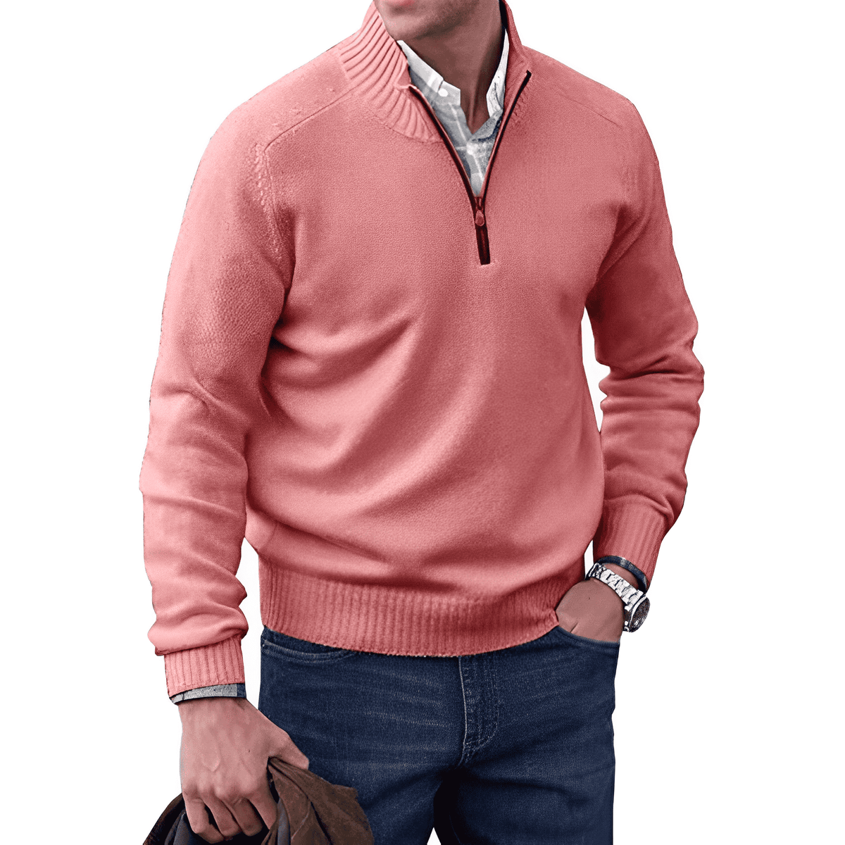 Men's Quarter-zip Relaxed Fit Ribbed Cuffs Ribbed Hem Sweater Pink