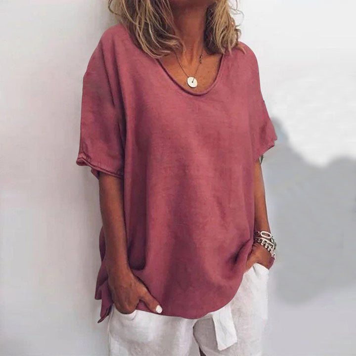 Women's Refined V-Neck Short Sleeve Blouse Dark Pink