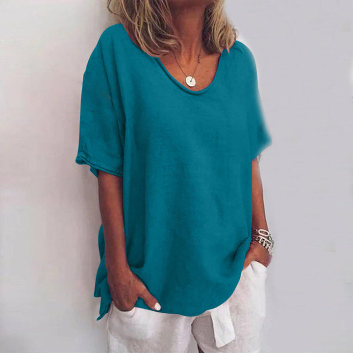 Women's Refined V-Neck Short Sleeve Blouse Sea Blue