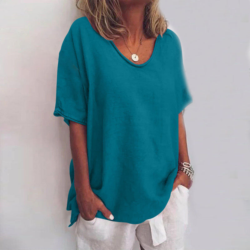 Women's Refined V-Neck Short Sleeve Blouse Sea Blue