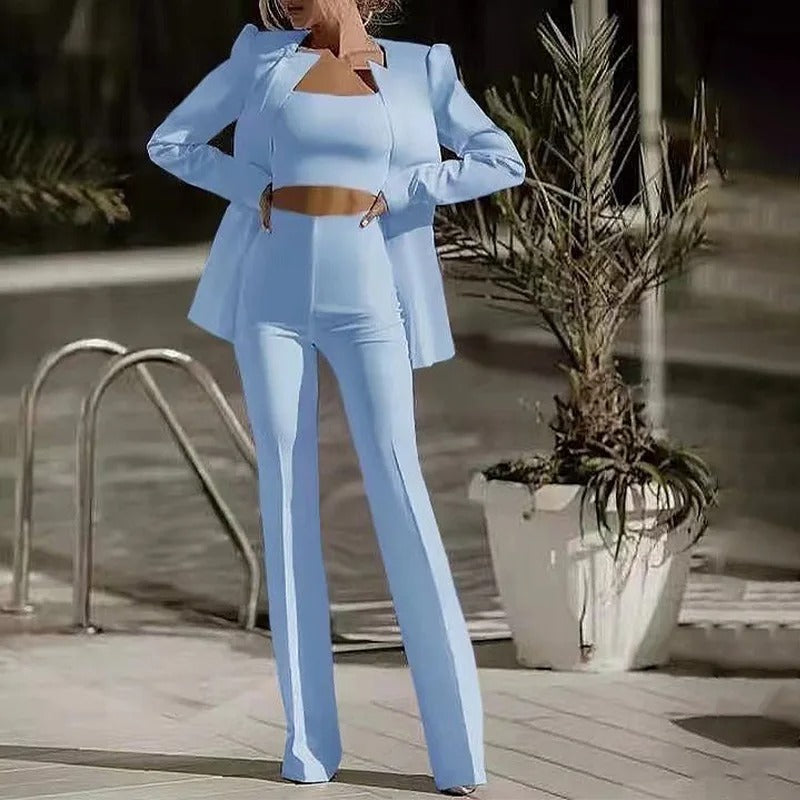 Women's Fitted Blazer Set with Crop Top and High Waist Pants – Elegant Style Blue