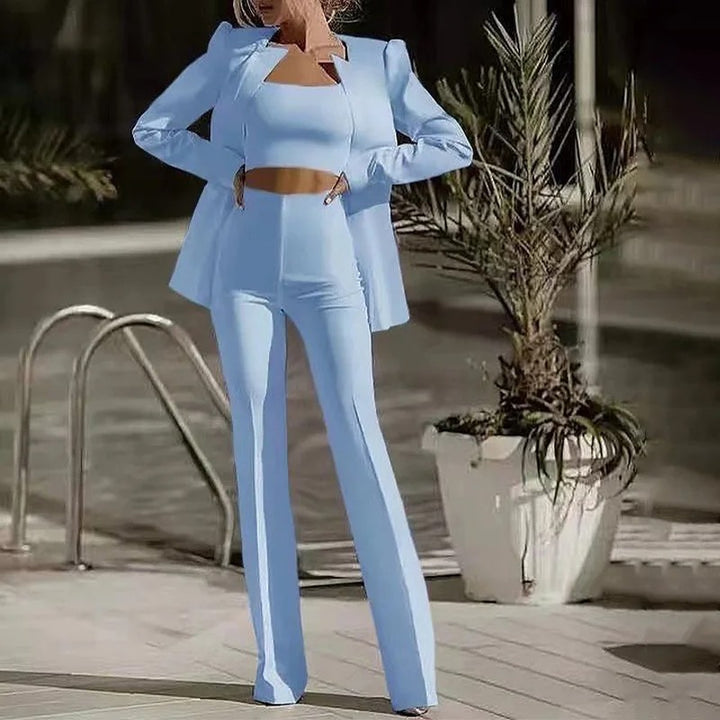 Women's Fitted Blazer Set with Crop Top and High Waist Pants – Elegant Style Blue