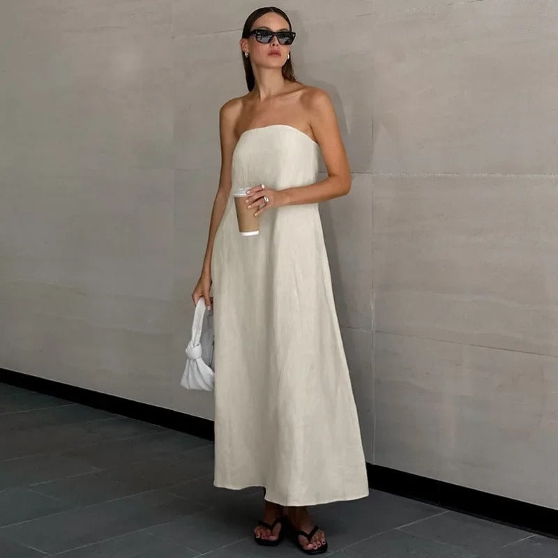 Hind | Women's Maxi Strapless Linen Dress - Minimalist Style Khaki