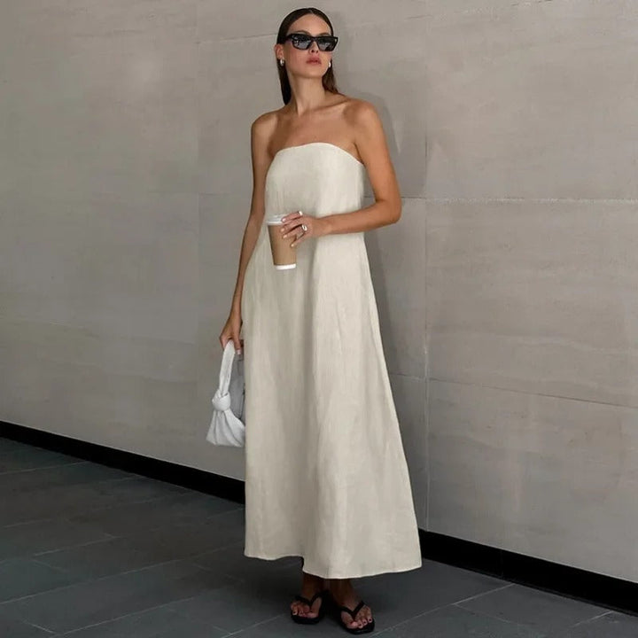 Hind | Women's Maxi Strapless Linen Dress - Minimalist Style Khaki