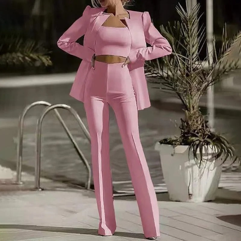 Women's Fitted Blazer Set with Crop Top and High Waist Pants – Elegant Style Root Color