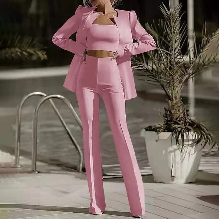 Women's Fitted Blazer Set with Crop Top and High Waist Pants – Elegant Style Root Color