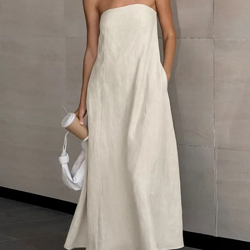 Hind | Women's Maxi Strapless Linen Dress - Minimalist Style