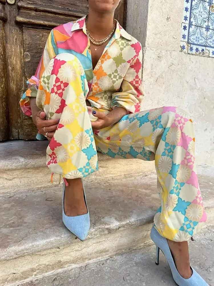Women's Relaxed Fit Geometric Pattern Jumpsuit – Breathable Fabric – Long Sleeve Shirt Collar Set