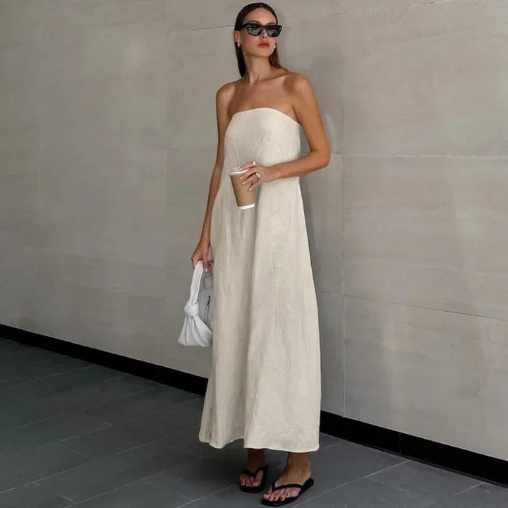 Hind | Women's Maxi Strapless Linen Dress - Minimalist Style