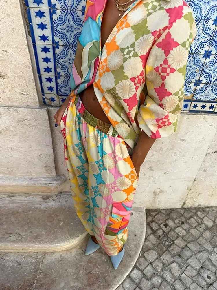 Women's Relaxed Fit Geometric Pattern Jumpsuit – Breathable Fabric – Long Sleeve Shirt Collar