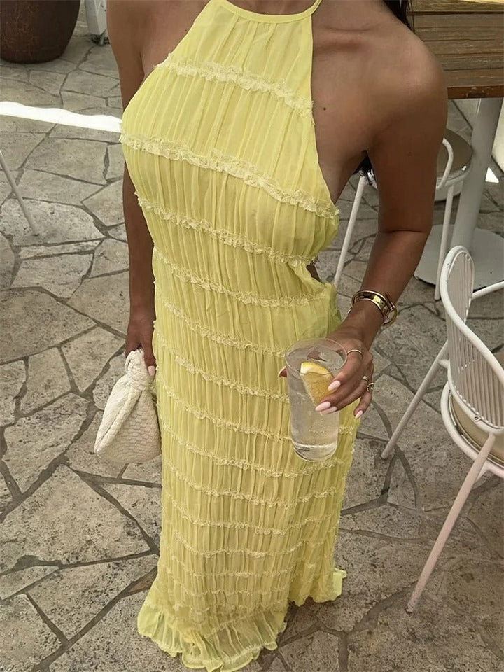 Dieka | Women's Elegant Halter Maxi Dress with Open Back Yellow