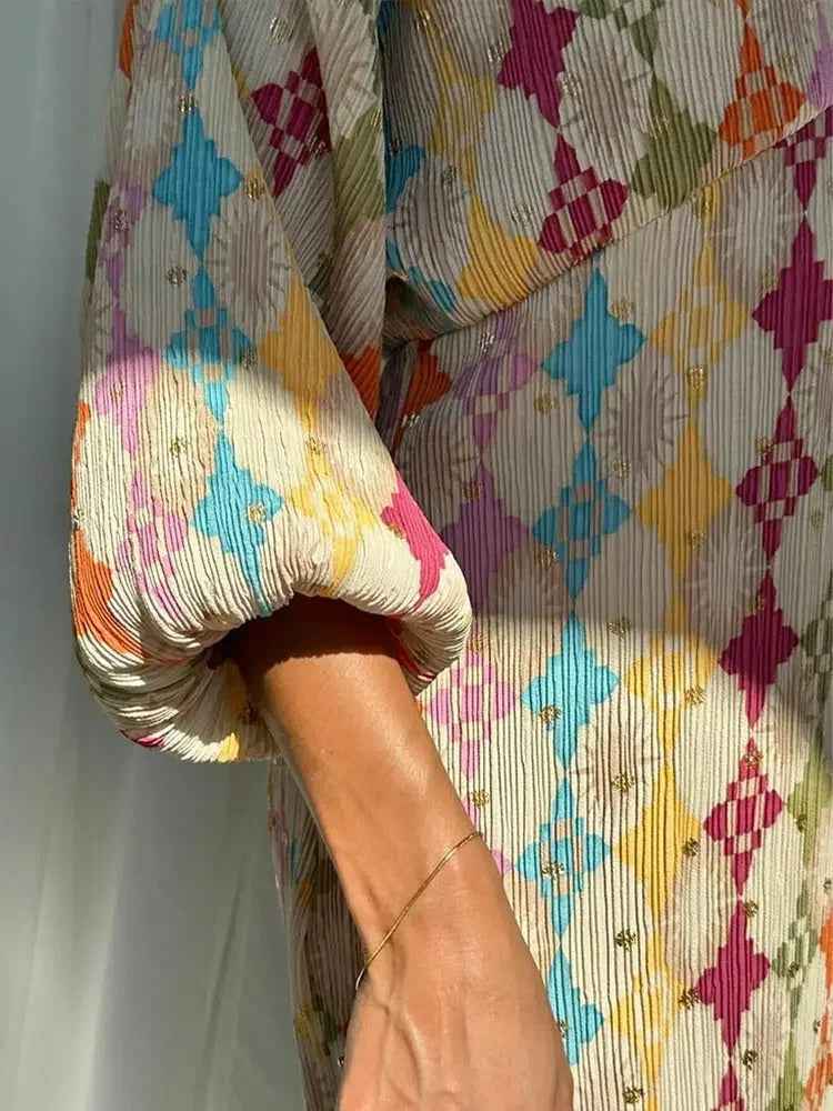 Women's Relaxed Fit Geometric Pattern Jumpsuit – Breathable Fabric – Long Sleeve Shirt Collar