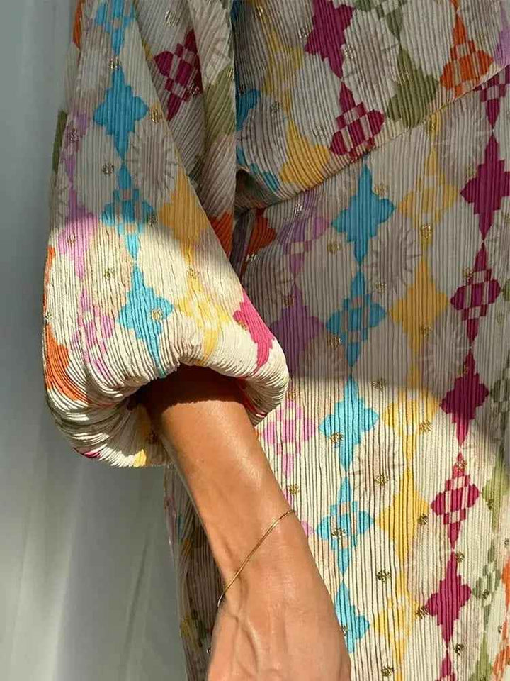Women's Relaxed Fit Geometric Pattern Jumpsuit – Breathable Fabric – Long Sleeve Shirt Collar