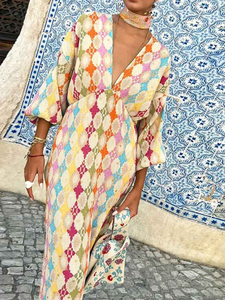 Women's Relaxed Fit Geometric Pattern Jumpsuit – Breathable Fabric – Long Sleeve Shirt Collar Dress