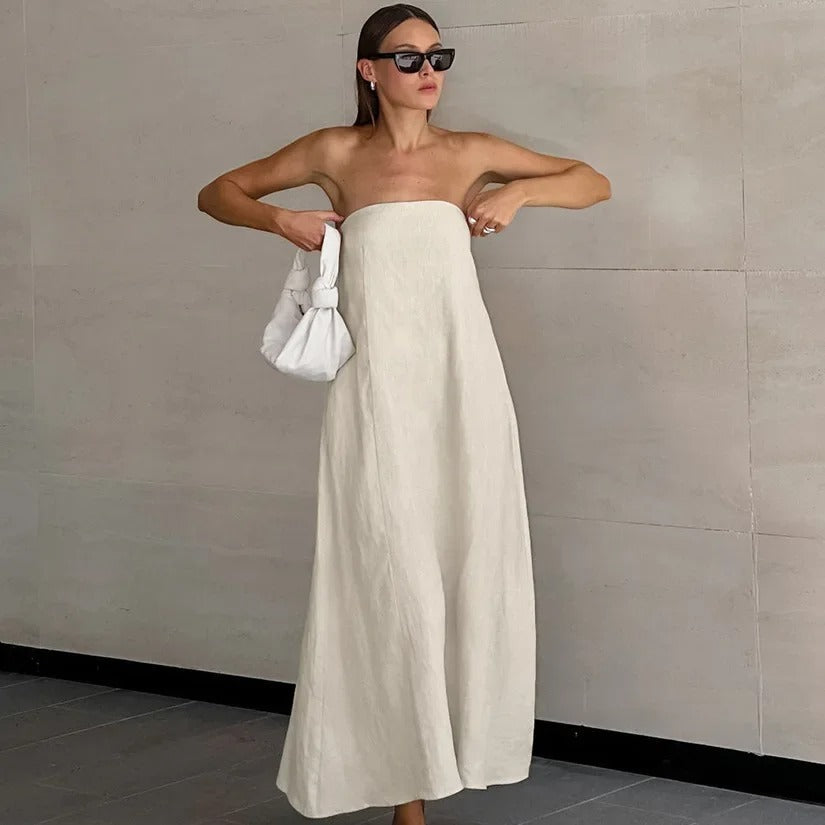Hind | Women's Maxi Strapless Linen Dress - Minimalist Style