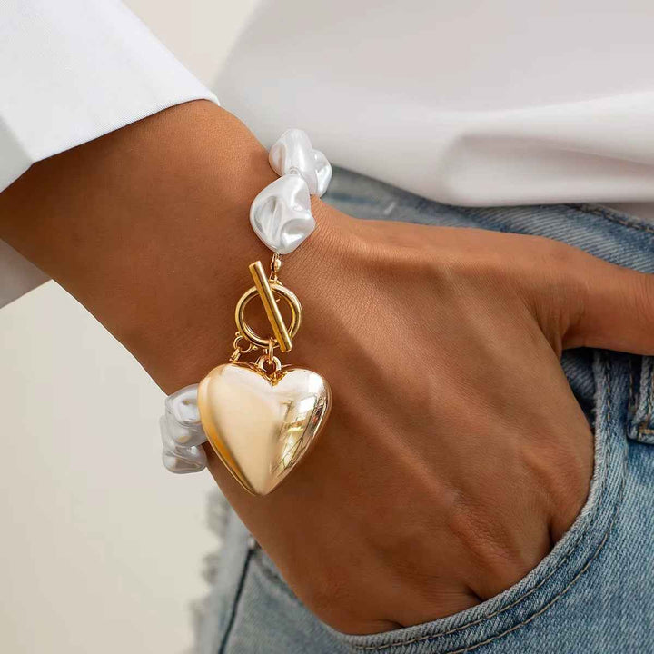 Elegant Pearl Heart Jewelry Set Gold Bracelet