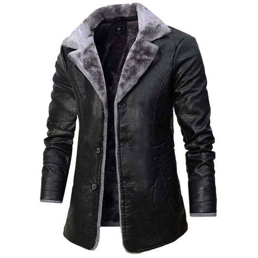 Men's Leather Button-front Textured Mid-length Coat Winter Black