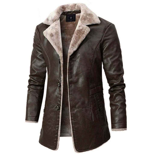 Men's Leather Button-front Textured Mid-length Coat Winter Brown
