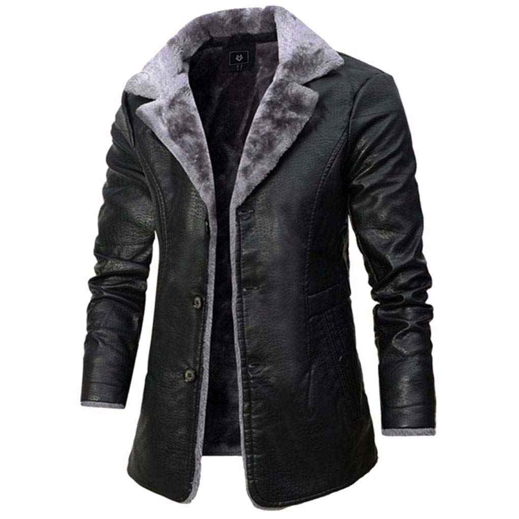 Men's Leather Coat with Faux-Fur Collar Lining