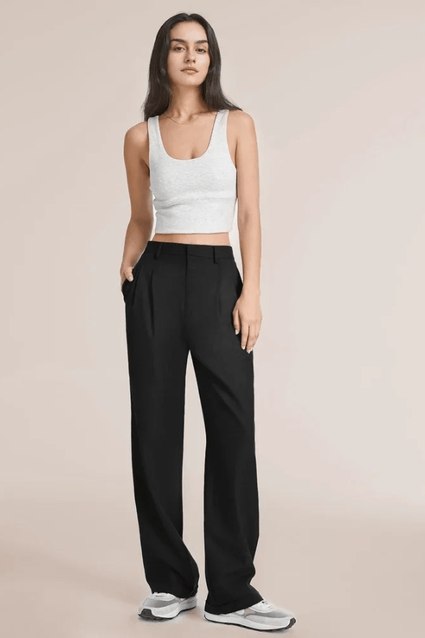Women's Wide Leg Pants with Pleated Front Design Black