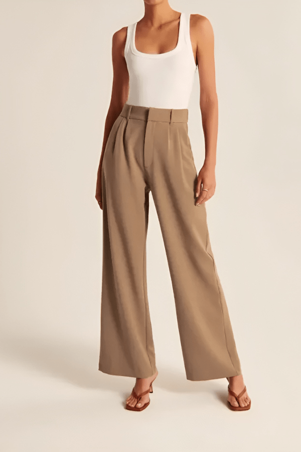 Women's Wide Leg Pants with Pleated Front Design Brown