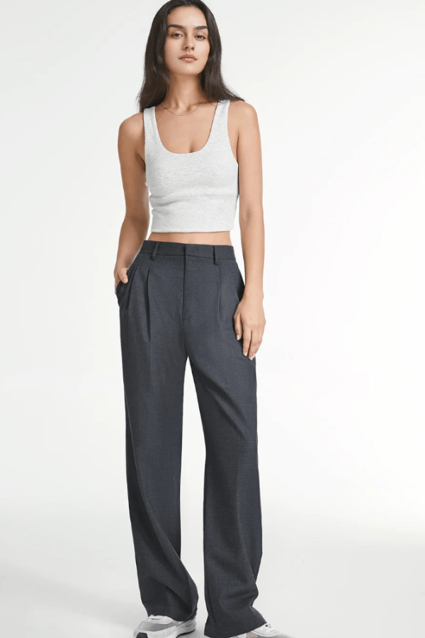 Women's Wide Leg Pants with Pleated Front Design Charcoal