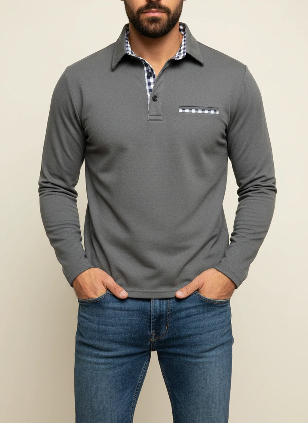 Men's Long-Sleeve Casual Polo Shirt Gray