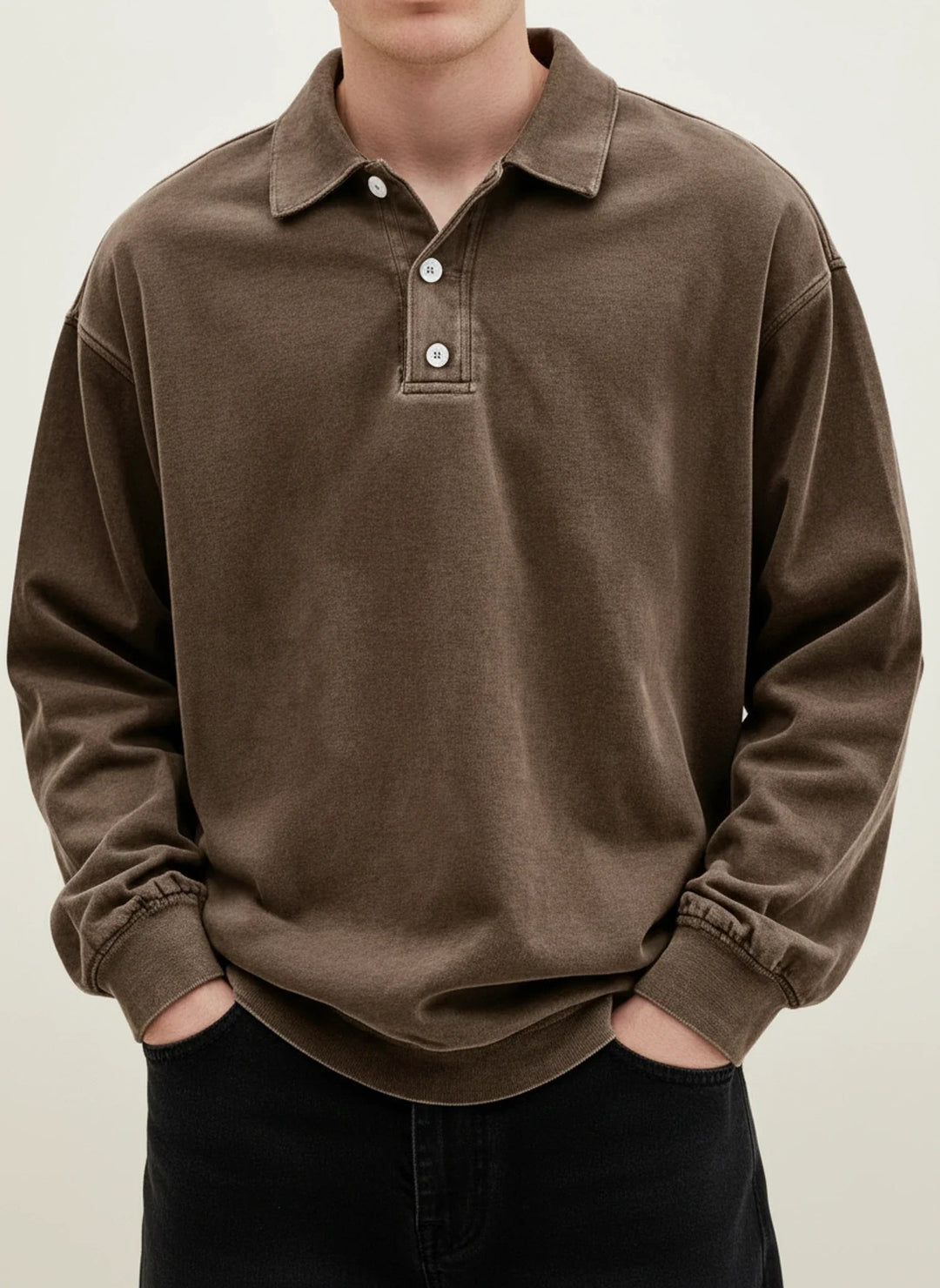 Men's Vintage Style Long Sleeve Polo Shirt Brown