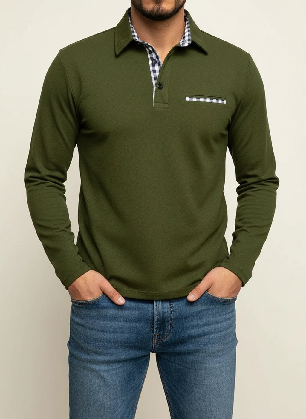 Men's Long-Sleeve Casual Polo Shirt Army Green