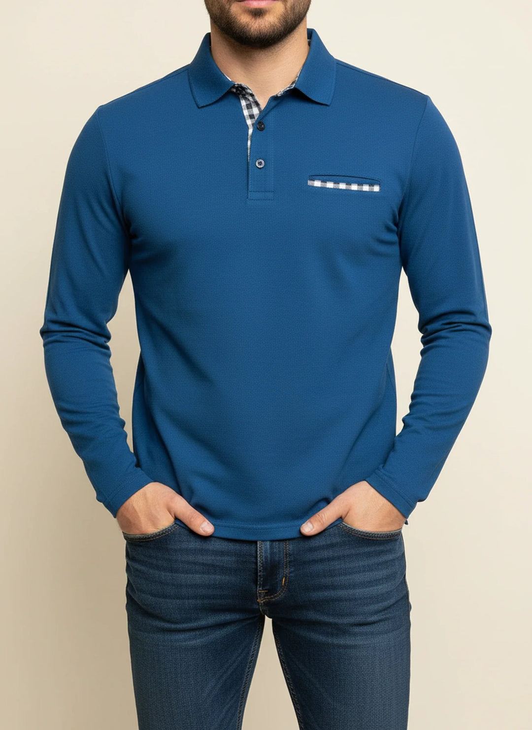 Men's Long-Sleeve Casual Polo Shirt Blue