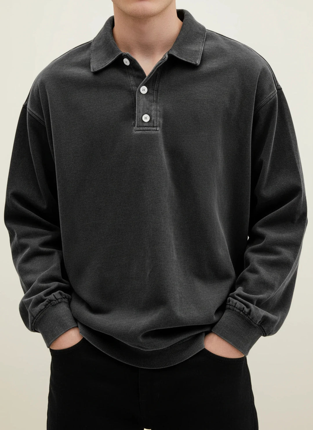 Men's Vintage Style Long Sleeve Polo Shirt Black
