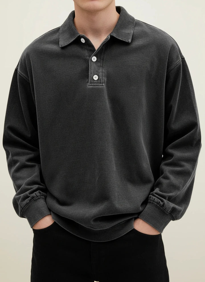 Men's Vintage Style Long Sleeve Polo Shirt Black