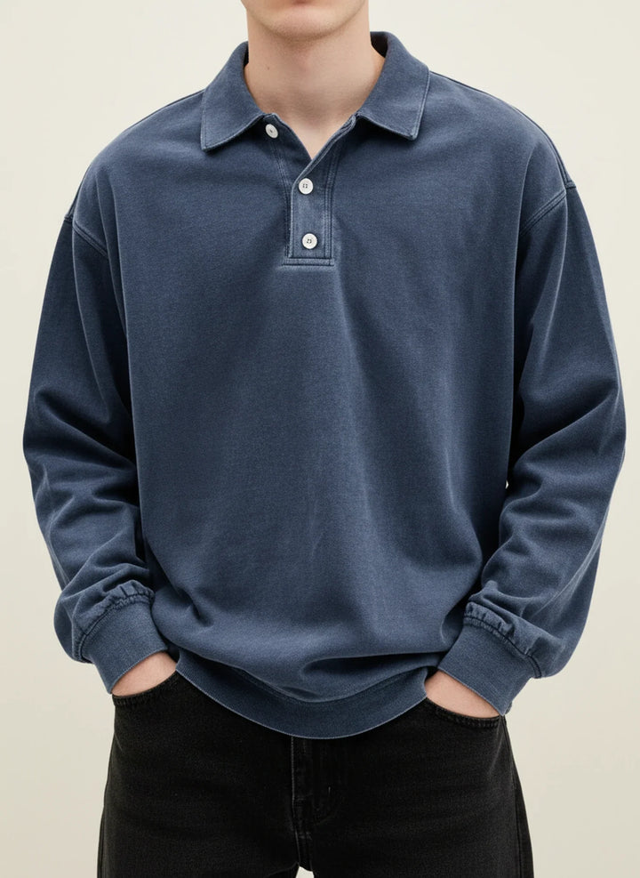 Men's Vintage Style Long Sleeve Polo Shirt Navy Blue