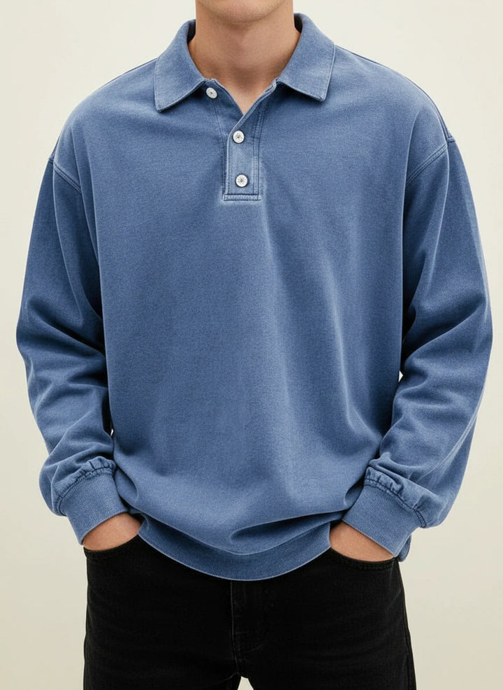 Men's Vintage Style Long Sleeve Polo Shirt Blue