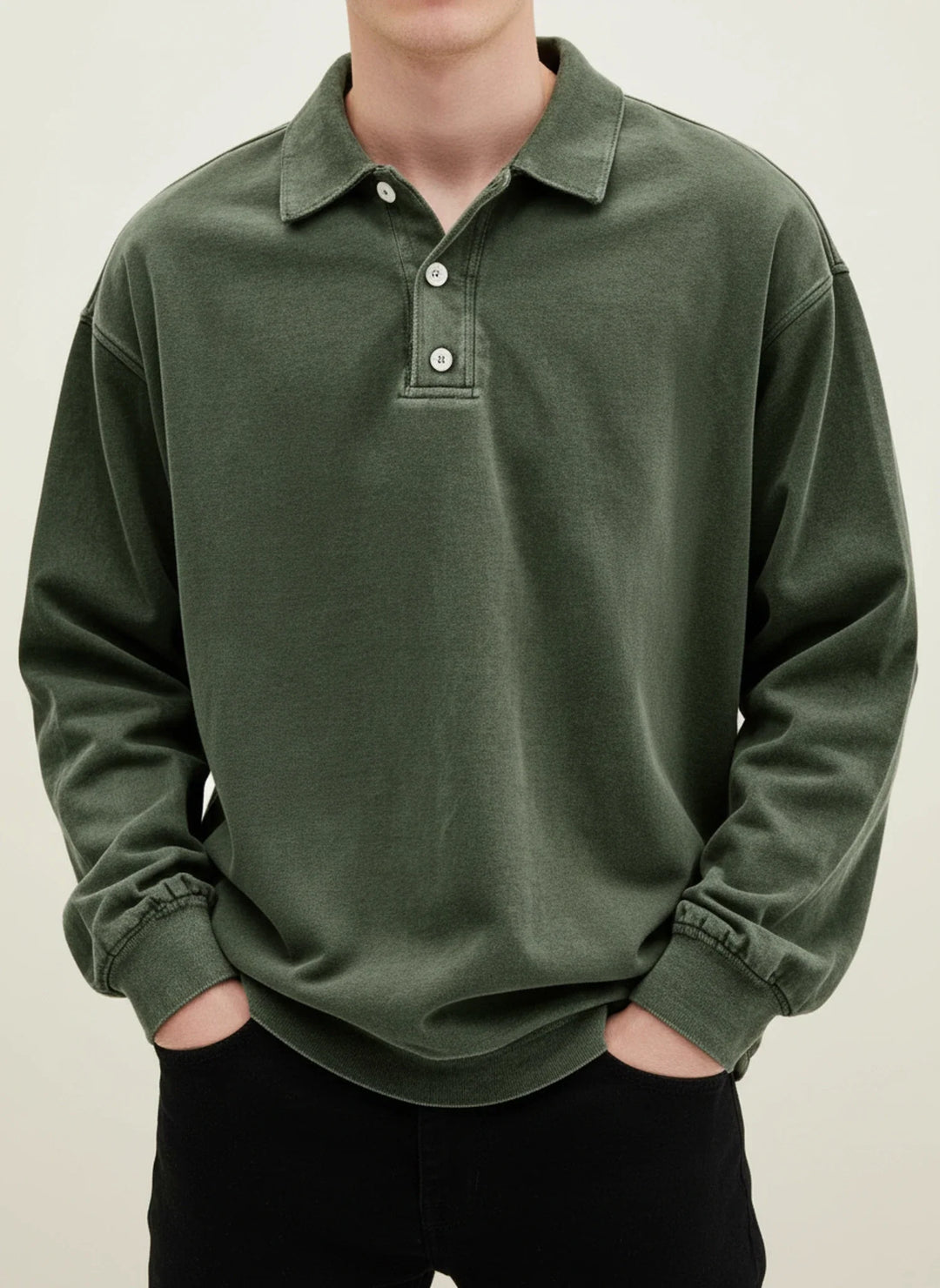 Men's Vintage Style Long Sleeve Polo Shirt Army Green