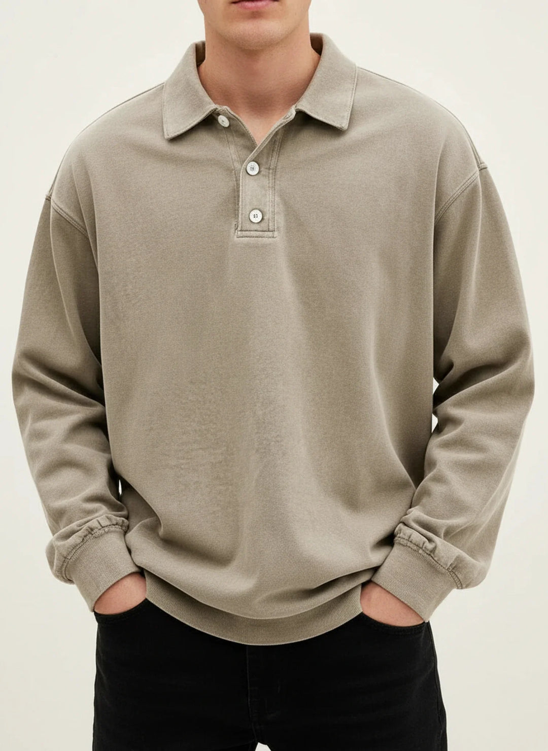 Men's Vintage Style Long Sleeve Polo Shirt Khaki