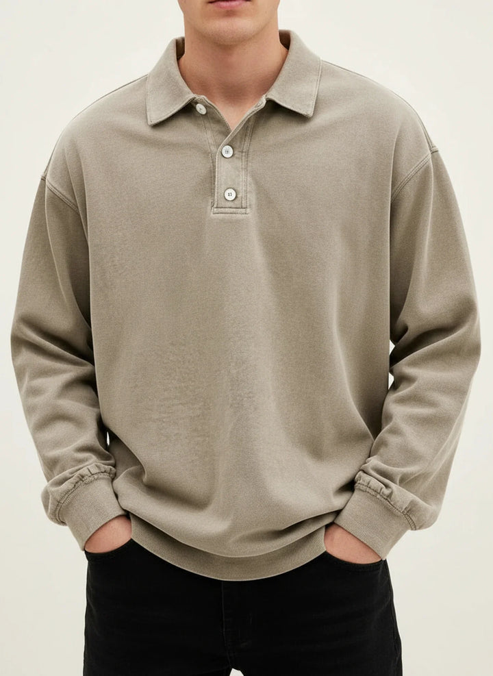 Men's Vintage Style Long Sleeve Polo Shirt Khaki