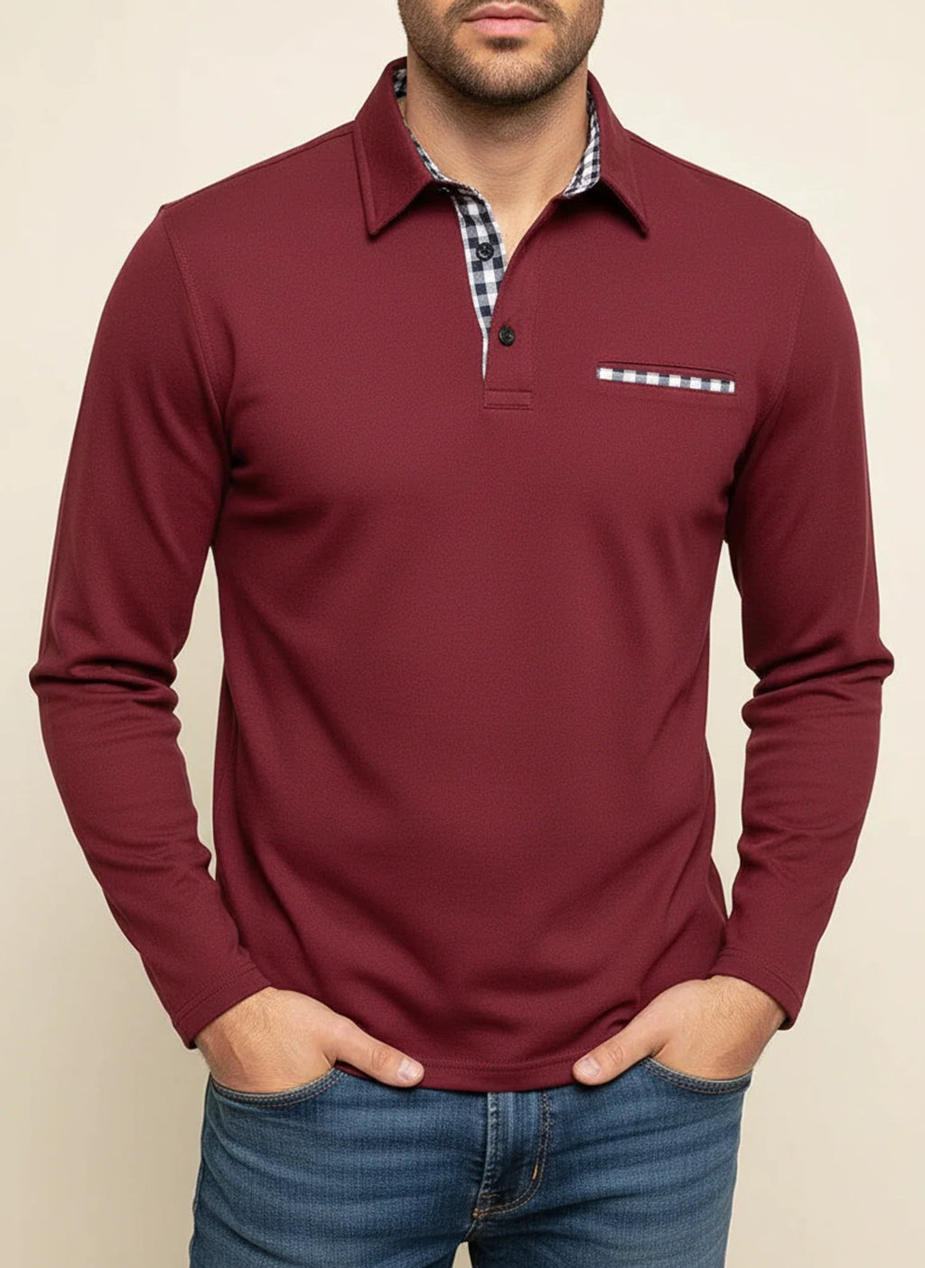 Men's Long-Sleeve Casual Polo Shirt Burgundy