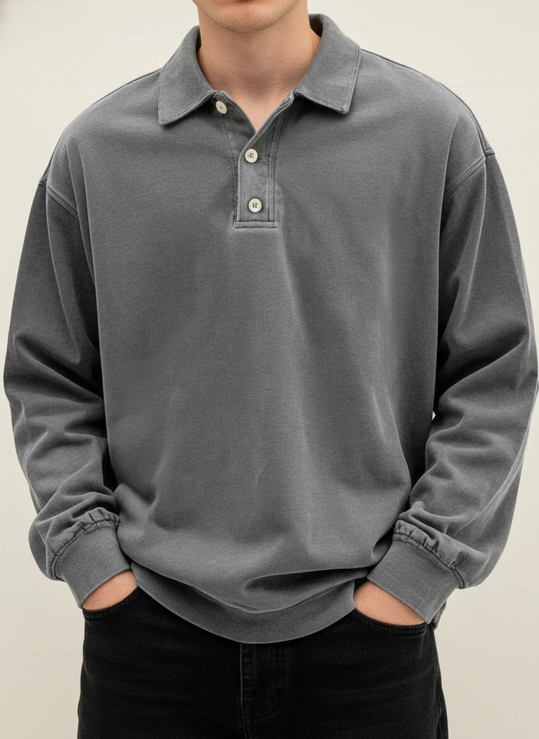 Men's Vintage Style Long Sleeve Polo Shirt Grey