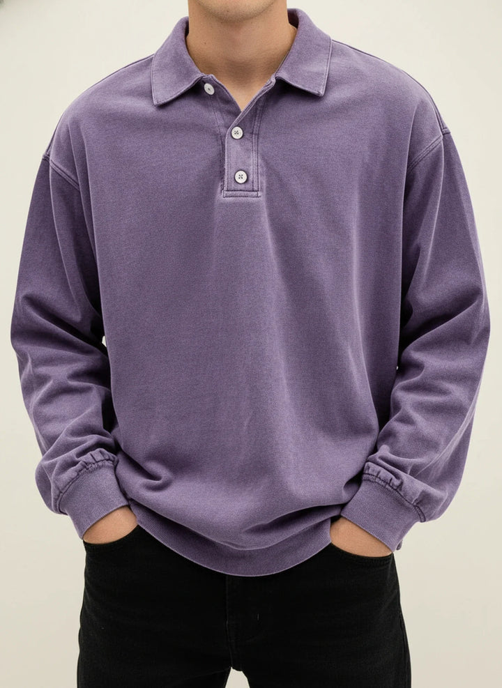 Men's Vintage Style Long Sleeve Polo Shirt Purple