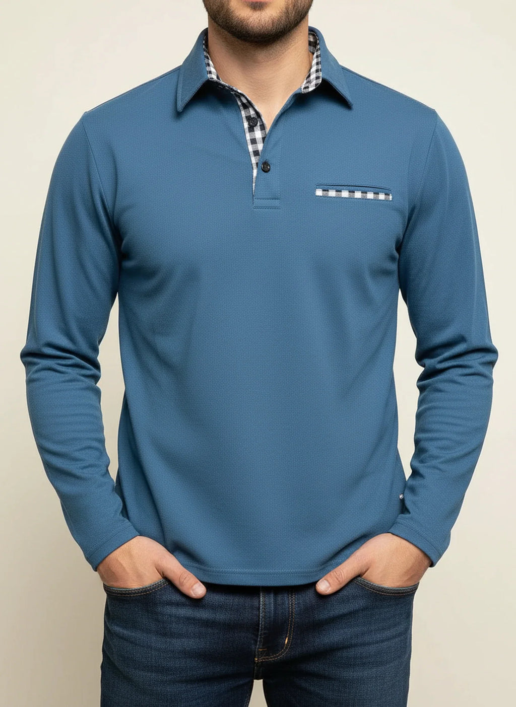 Men's Long-Sleeve Casual Polo Shirt Light Blue